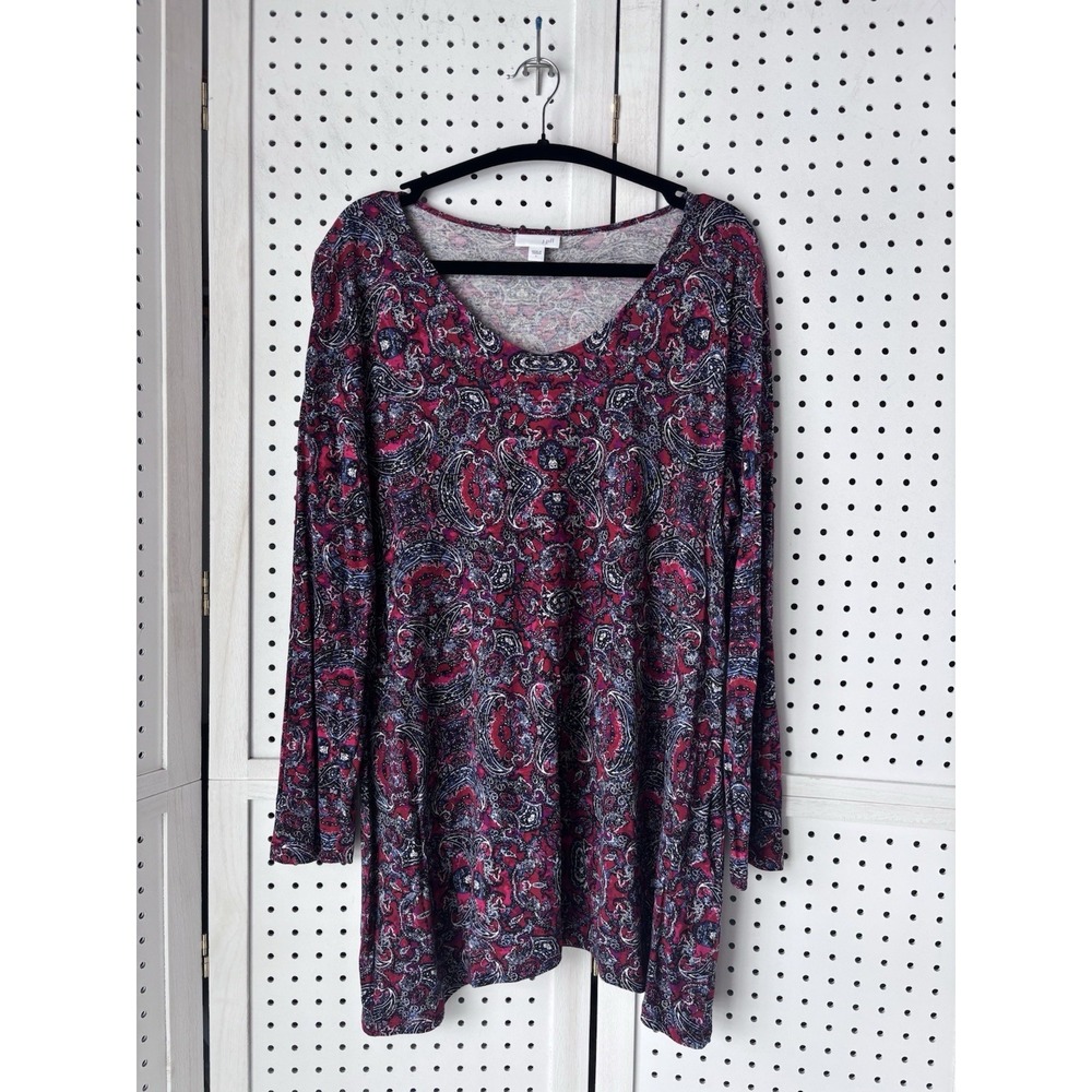 J Jill Women's Lg Long SLV Tunic Shirt Red Blue Purple Print Rayon Lyocell